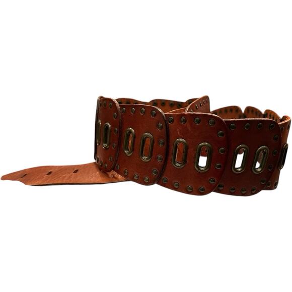 FOSSIL Brown Genuine Leather Boho Belt Cutouts Bronze Metal Studs Size M Women’s main image 5